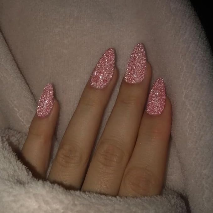 Light Pink Glitter Press on Nails Almond Medium, KQueenest Sparkle Shinny Acrylic Fake Nails for Women, Cute Bling Glitter Nails Press ons, Luxury Glue on Nails Medium False Nails with Design