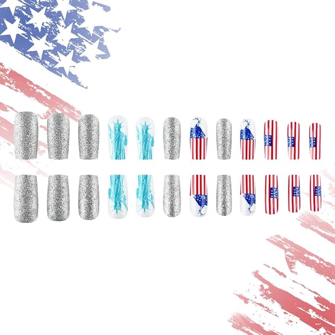 Independence Day Press on Nails Medium Square Fake Nails with Red Blue American Flag Design Glitter False Nails Statue of Liberty Glue on Nails 4th of July Acrylic Nails for Women Girls Manicure 24Pcs