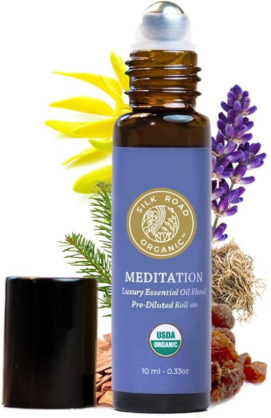 Silk Road Organic Meditation Essential Oil Empowering Blend Roll On,100% Pure USDA Certified Aromatherapy for Chakra Healing, Focus, Calming, Mindfulness & Spiritual Well-Being - 10ml Roller-VivaGrace Women