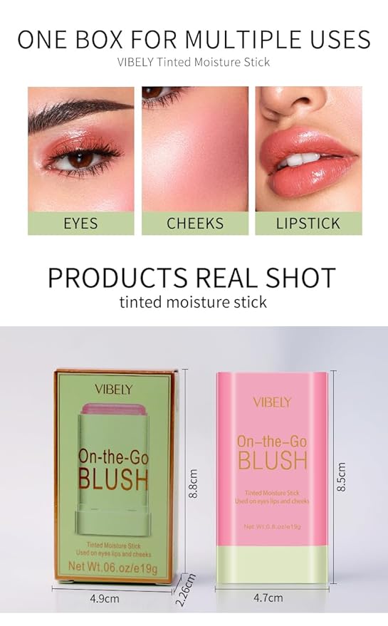 Multi-Use Makeup Blush Stick, Cream Blush Stick, Tinted Solid Moisturizer Stick for Cheek & Eyes & Lips, Waterproof Natural Nude Makeup, Suitable for All Skin (2#Hot Red)-VivaGrace Women