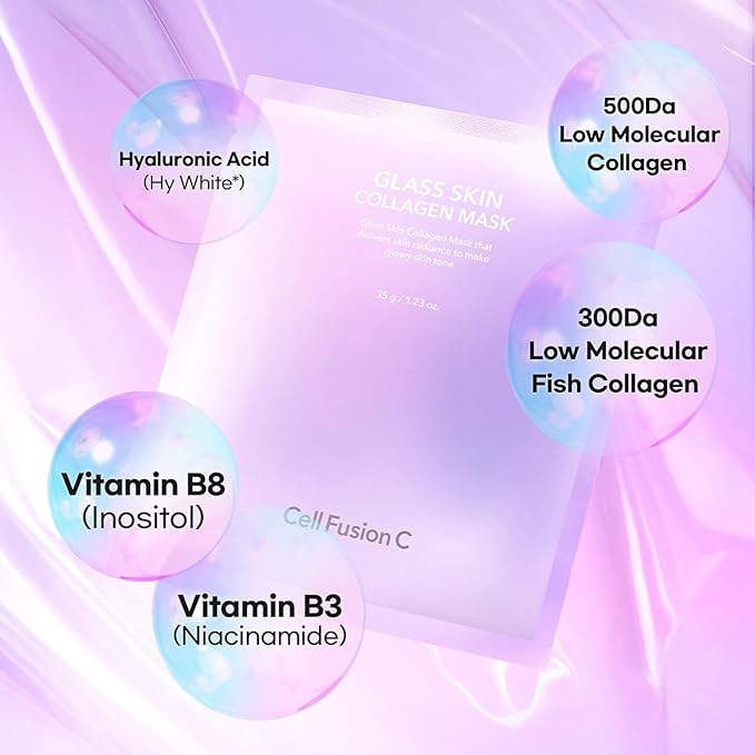 Cell Fusion C Glass Skin Collagen Mask, 1.23 oz. x 5 Sheets, Overnight Hydrogel Mask with Triple Collagen & Niacinamide, Hydrating and Plumping, Korean Skincare-VivaGrace Women