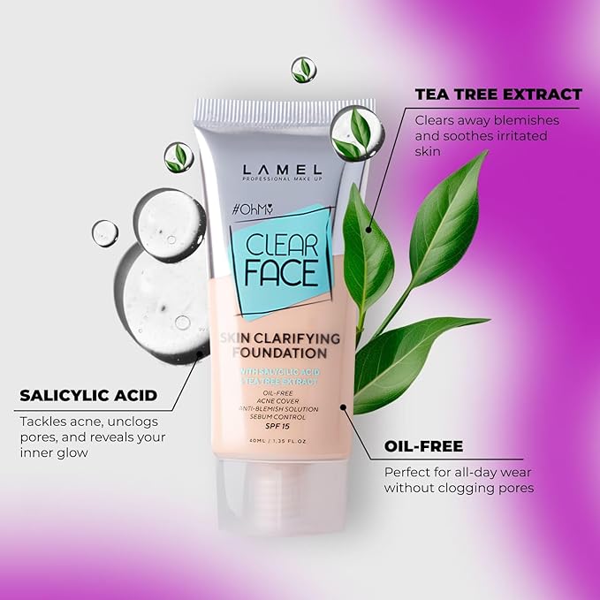 LAMEL OhMy Clear Face Full Coverage Foundation - Acne Coverage - Salicylic Acid & Tea Tree Extract - Dewy & Flawless Finish - Sensitive Skin Care - Organic & Oil-Free - 401, 1.35 fl.oz-VivaGrace Women