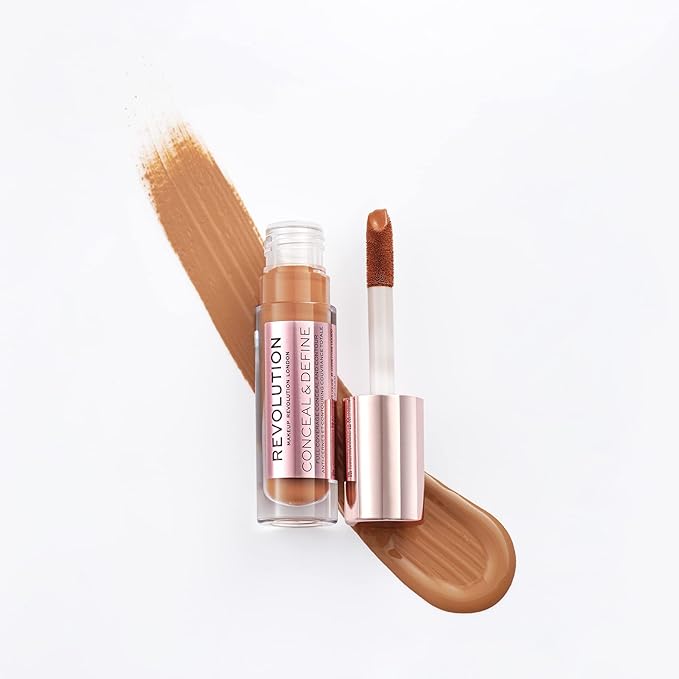 Makeup Revolution Conceal & Define Concealer, Full Coverage Makeup Concealer, Matte Finish & Long Wear, For Dark or Deep Skin Tones, Vegan, C14.5, 4ml-VivaGrace Women
