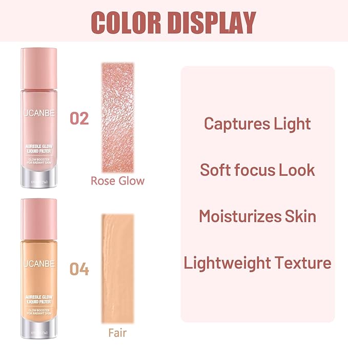 UCANBE 2PCS Halo Glow Liquid Filter, Rose Glow 0.91OZ + Fair Glow 0.91OZ, Face Complexion Booster For Radiant Skin All Day Longwear, Soft-Focus Look Sodium Hyaluronate Vegan & Cruelty-Free-VivaGrace Women