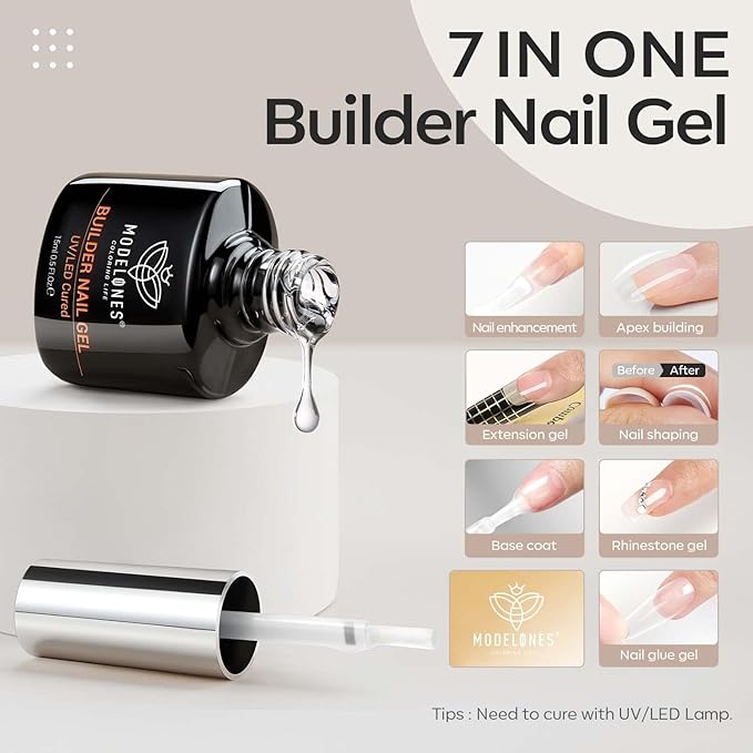 modelones Builder Nail Gel, 7-in-One Clear Builder for Nails, LED Lamp Cured Color Rubber Base Gel Polish Coat Strengthener Thickening Extension Rhinestone Glue in a Bottle for DIY Home Salon Gifts-VivaGrace Women