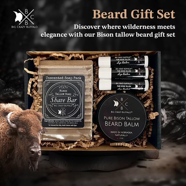 Pure Bison Tallow Beard Gift Set - Shave Bar, Beard Balm, Unscented Lip Balm - Conditions, Strengthens, Moisturizes, Soothes, Softens, Naturally Derived, No Dyes, Naturally Derived-VivaGrace Women