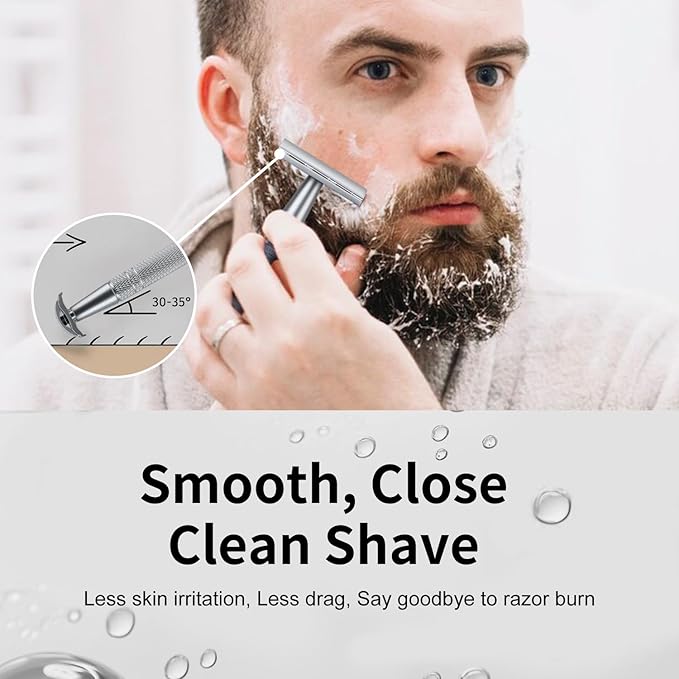 Double Edge Safety Razor, Single Blade Razors for Men and Women, with 10 Double Edge Blades, Reusable Metal 1 Blade Razor, Eco-Friendly, Zero Waste, Smooth and Close Shave, Matte Silver-VivaGrace Women
