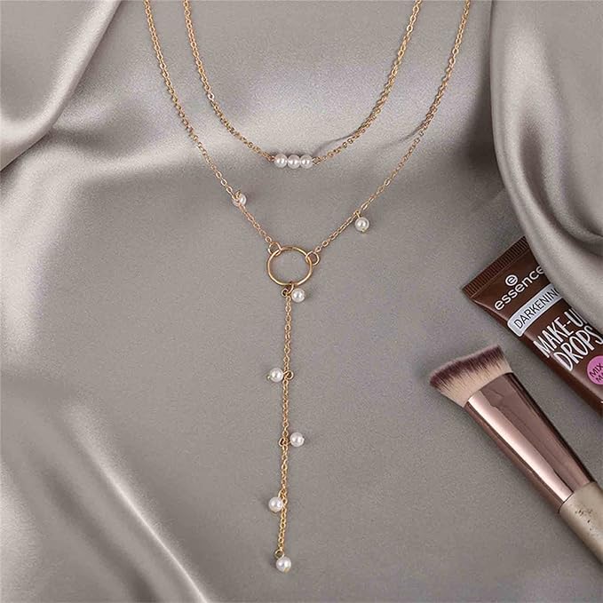 Boho Circle Pearl Lariat Necklace Gold Long Lariat Chain Necklace Tiny Pearl Choker Necklace Drop Pearl Chain Y Necklace Jewelry for Women and Girls Gifts-VivaGrace Women
