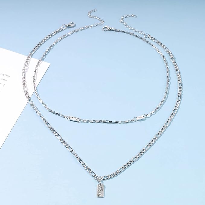 Boho Layered Silver Bar Necklace Choker Figaro Chain Necklace Vintage Layering Link Chain Necklace Geometric Necklace Jewelry for Women and Girls-VivaGrace Women