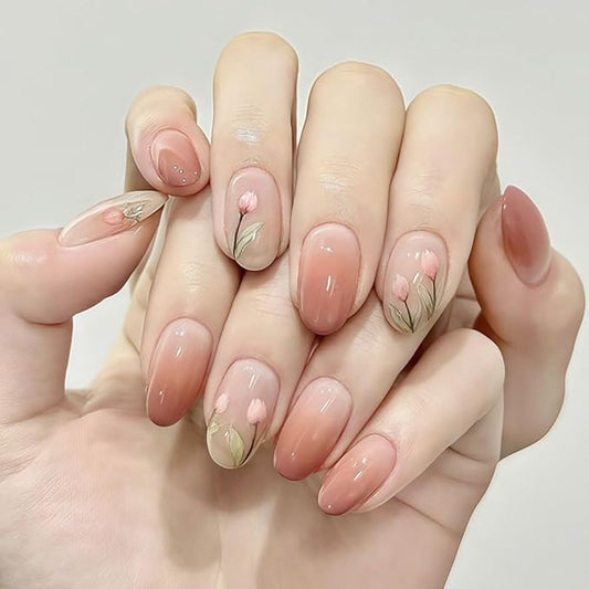 Spring Nails Flower Press On Nails Oval Short 30 Pcs, Designer Reusable Acrylic Fake Nails with Glue, Glossy Soft Gel Nails Wedding Outing Party, Stick On Glue On Nails, Nails for Women Gift