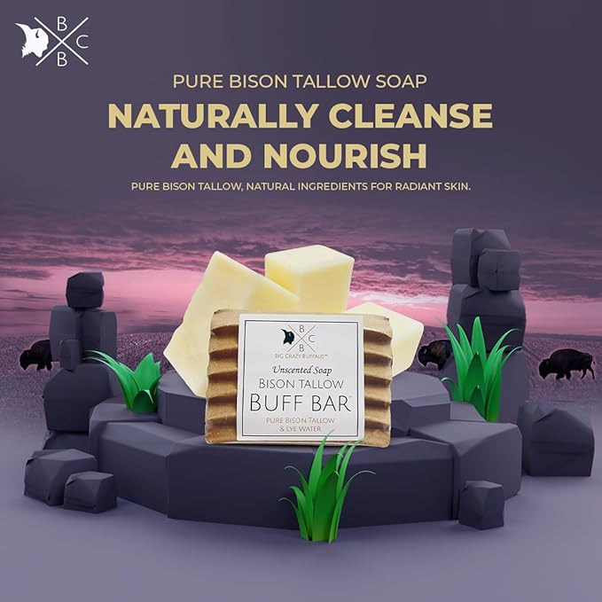 Pure Bison Tallow Unscented Gift Set - Buff Bar, Salve, & 3 Unscented Lip Balms - Cleans, Moisturizes, Soothes, Naturally Derived - No Dyes, Chemicals, Fragrances, or Preservatives-VivaGrace Women