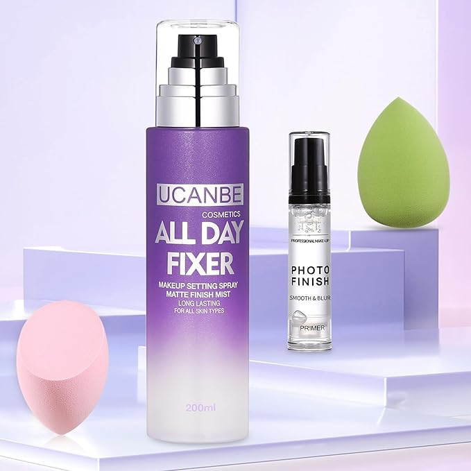 UCANBE Makeup Setting Spray + Face Primer + Make Up Sponge, Gel-Based Hydrating Primer, Lightweight, Long Lasting Matte Finishing Spray,Beauty Blender Set-VivaGrace Women