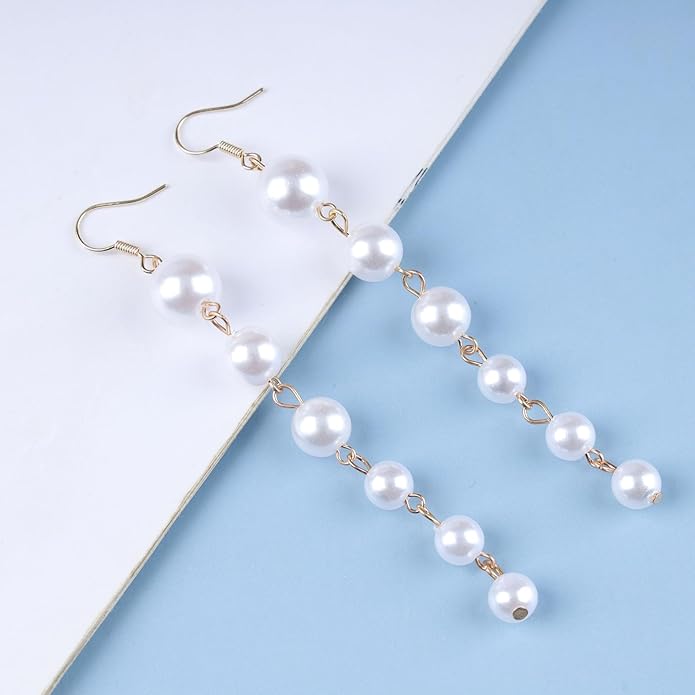 Boho Long Pearl Drop Earrings Vintage Gold Tassel Pearl Dangle Earrings Statement Pearl Chain Drop Dangle Earrings Wedding Prom Bridal Pearl Hook Earrings Jewelry for Women-VivaGrace Women