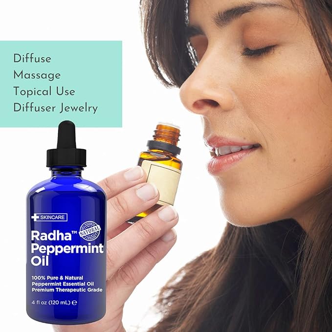 Radha Beauty Peppermint Essential Oil 4 oz - 100% Pure & Therapeutic Grade, Steam Distilled for Aromatherapy, Fresh Minty Scent, DIY Projects, Candles, Sprays and Fragrance