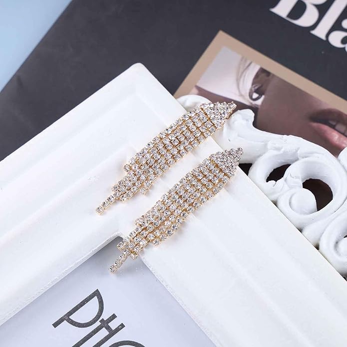 Vintage Rhinestone Chandelier Tassel Earrings Crystal Chain Drop Earrings Gold Long Tennis Chain Earrings Shine Chandelier Bridal Earrings Jewelry for Women-VivaGrace Women