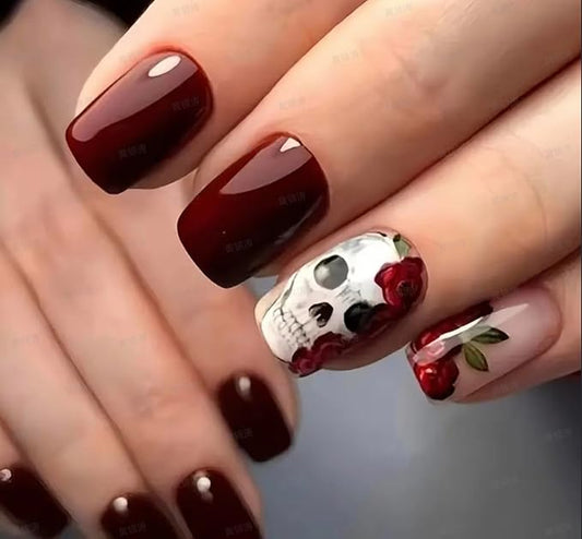 Curvlife Press on Nails Acrylic Fake Nails with Design Full Cover False Nails Reusable Nail Kit with Nail Glue Adhesive Tabs Nail File Artificial Glue on Nails (Red skull, 30pcs)