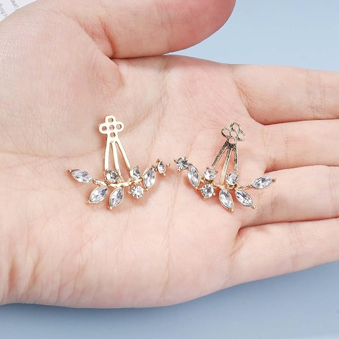 Boho Crystal Leaf Ear Jackets Earrings Gold Cz Crystal Earrings Rhinestone Front Back Studs Earrings Minimalist Earrings Jewelry for Women and Girls Gifts-VivaGrace Women