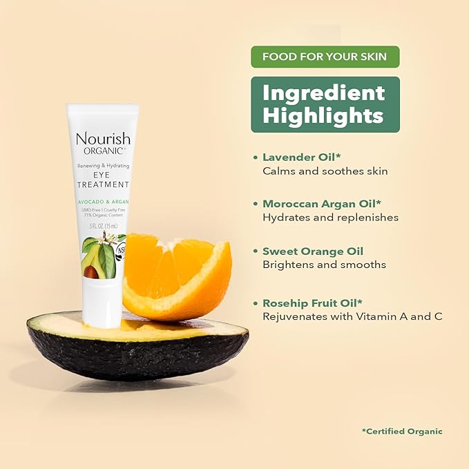 Nourish Organic Eye Treatment, Avocado & Argan – Renewing & Hydrating Under Eye Brightener with Vitamin C + Washable Cotton Round-VivaGrace Women