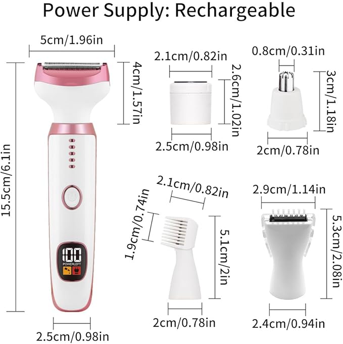 Electric Razors for Women, Bikini Trimmer for Women 5 in 1 Body Shaver for Nose Hair Face Eyebrow Arms Legs Armpit Underarm Pubic Area, Replaceable Lady Facial Razor Painless USB Charge Female Gift-VivaGrace Women