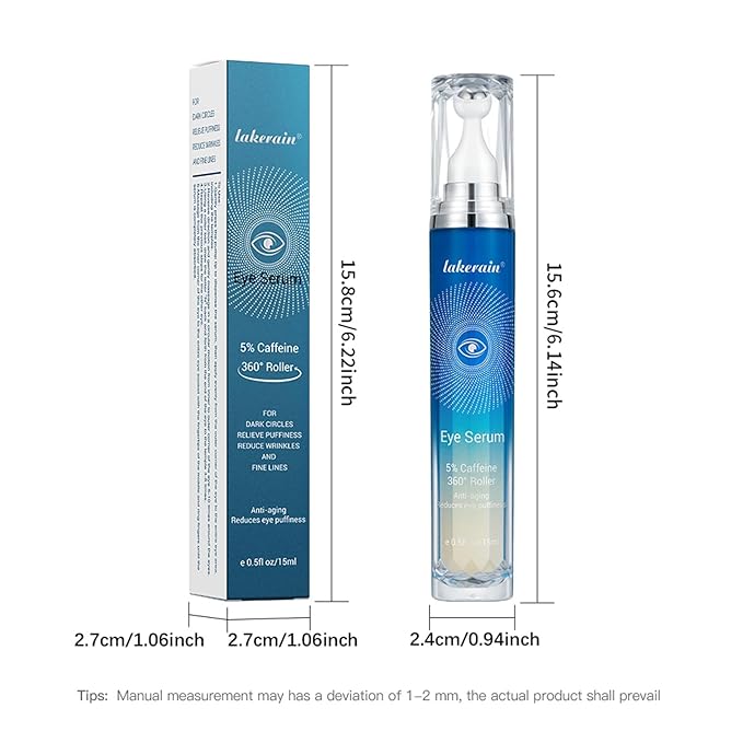 5% Caffeine Eye Serum with 360° Eye Massage Roller Eye Serum for Dark Circles & Relieve Puffiness, Reduce Wrinkles and Fine Lines, Eye Bags, Tighten Lifting Brightening Under Eye Cream-0.5 OZ-VivaGrace Women