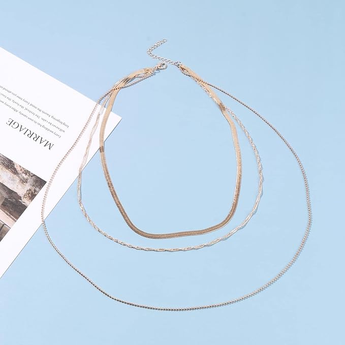 Punk Layered Chain Necklace Gold Flat Snake Chain Necklace Choker Vintage Herringbone Necklace Stacking Chunky Necklace Chain Jewelry for Women and Girls Gift-VivaGrace Women