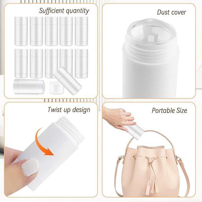 12 Pieces 15g White Plastic Deodorant Containers,Empty 1/2 oz Travel Lip Balm Tubes,Refillable Twist-UP Solid Perfume Tubes,Lipstick Tubes for DIY-VivaGrace Women