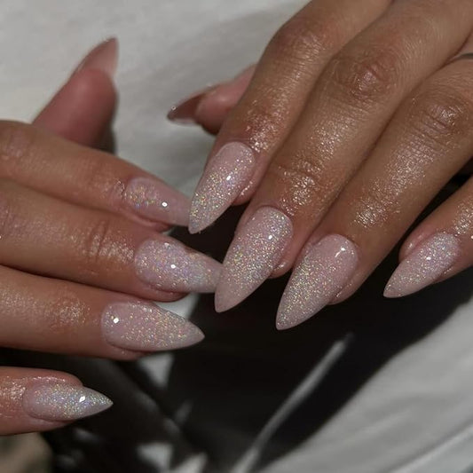 Light Pink Glitter Press on Nails Medium Almond Shape,KQueenest Iridescent Shimmer Acrylic Fake Nails,Sparkling Gel Nails Press ons,Glossy Flash Glue on Nails Medium False Nails with Designs in 24 PCS