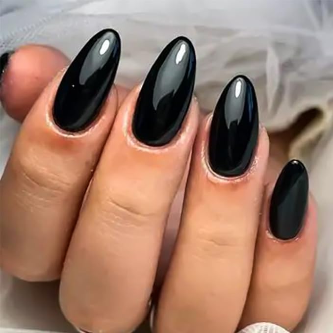 Black Fake Nails Medium Press on Nails Almond Glossy Acrylic Glue on Nails Full Cover Artificial False Nails for Women and Girls