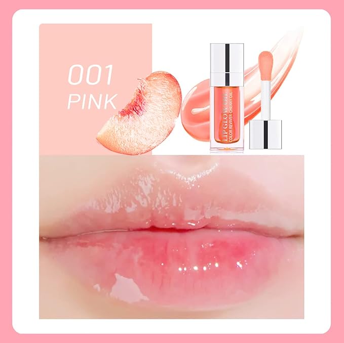 Lip Oil Hydrating Tinted Lip Balm, Plump Lip Gloss Lip Care Transparent Toot Lip Oil Tinted (001# Pink)-VivaGrace Women