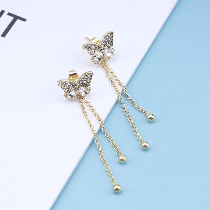 Vintage Crystal Butterfly Stud Earrings Gold Long Chain Earrings Thin Drop Chain Earrings Cz Paved Butterfly Earrings Retro Hanging Chain Earrings Jewelry for Women and Girls-VivaGrace Women