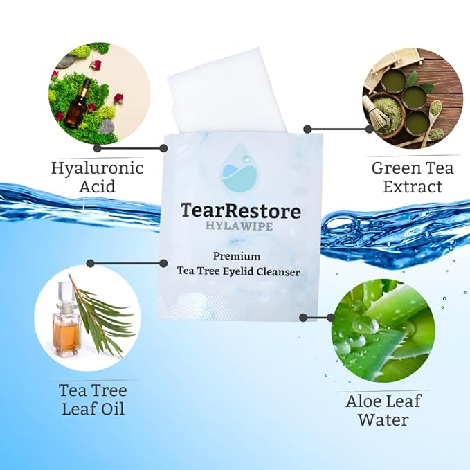 TearRestore Tea Tree HylaWipe Eyelid Wipes - 30 Count | Naturally Hydrating Cleanser | Blepharitis Treatment for Eyelids | Hypoallergenic Eye Wipes for Dry, Red, Itchy, Swollen and Irritated Eyes