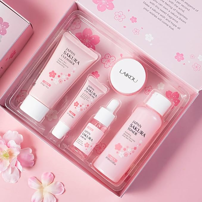 Sakura Skincare Gift Set, Skin Care Travel Kit with Cleanser, Toner, Serum, Eye Cream, Face Cream for Women Girls (5pcs)-VivaGrace Women