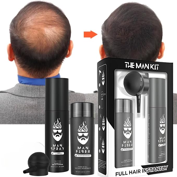 THE MAN KIT | Hair Set - Hair Thickening Fibers (Black), Hair Fiber Locking Spray + Applicator Fiber Pump to create Natural looking Fuller Hair and Beard | Man Card Included.-VivaGrace Women