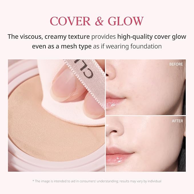CLIO Kill Cover Mesh Glow Cushion Foundation ([Refill Included] 15g*2, 21C LINGERIE), Glass Skin, Long-Lasting, Lightweight, Buildable Coverage, Glowy Skin Makeup-VivaGrace Women