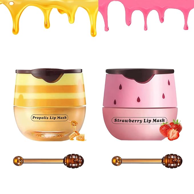 2 PCS Bee Lip Balm Honey Pot, Honey Strawberry Bee Lip Balm Sleeping Lip Mask Overnight with Sticks, Honey Pot Lip Balm Hydrating Exfoliating Prevention Dry and Crack Lip Scrubs-VivaGrace Women