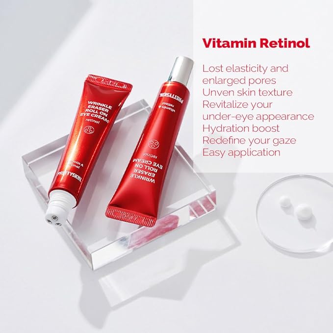 PS.PRETTYSKIN Roll On Eye Cream 30ml/1.01fl.oz. with Vitamin A and Stainless Steel ball Tip for Wrinkle Eraser and Elasticity (Retinol x 2CT)-VivaGrace Women