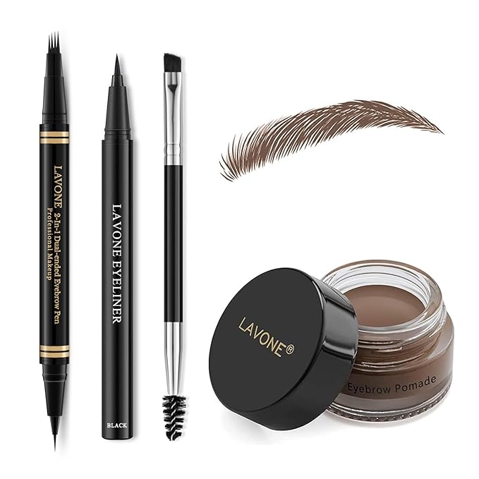 Eyebrow Pen Makeup Kit, with 4 Tip Waterproof Microblading Eyebrow Pencil, Eyeliner, Eyebrow Pomade and Dual-ended Eyebrow Brush, Brow Pencil Eyebrow Kit for Natural Looking - Dark Brown-VivaGrace Women