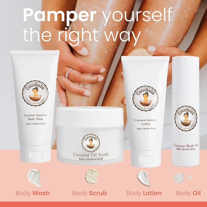 Cocobaba Stretch Mark Relief Set - Belly oil for pregnancy care package | Stretch Mark Cream for Pregnancy | Body wash | Body scrub | First time mom gift | Pregnancy Must have-VivaGrace Women