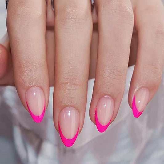 Pink French Tip Fake Nails Medium Almond Nude with Design Glossy Glue on Reusable Artificial Acrylic Stick on Nails For Women Girls Gift 24pcs