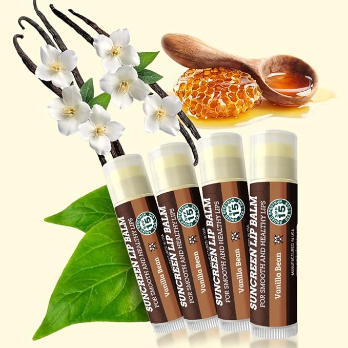 SPF Lip Balm 4-Pack by Earth's Daughter - Lip Sunscreen, SPF 15, Organic Ingredients, Vanilla Flavor, Beeswax, Coconut Oil, Vitamin E - Hypoallergenic, Paraben Free, Gluten Free-VivaGrace Women