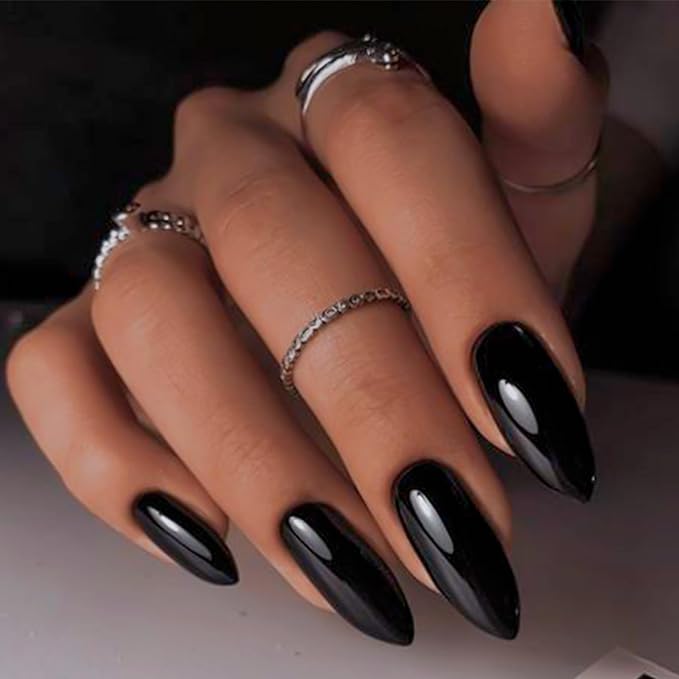 Black Fake Nails Medium Press on Nails Almond Glossy Acrylic Glue on Nails Full Cover Artificial False Nails for Women and Girls