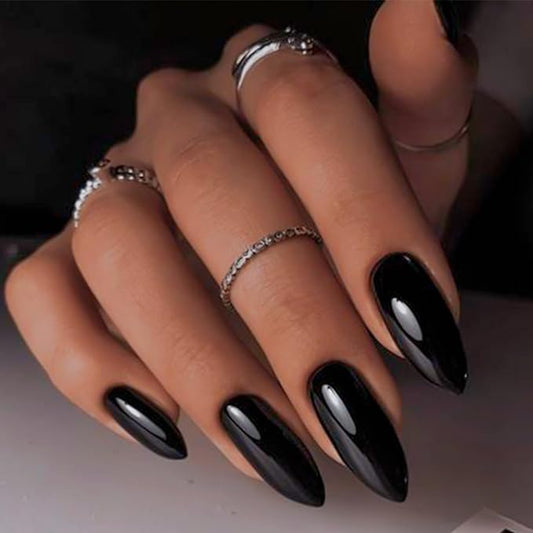 Black Fake Nails Medium Press on Nails Almond Glossy Acrylic Glue on Nails Full Cover Artificial False Nails for Women and Girls
