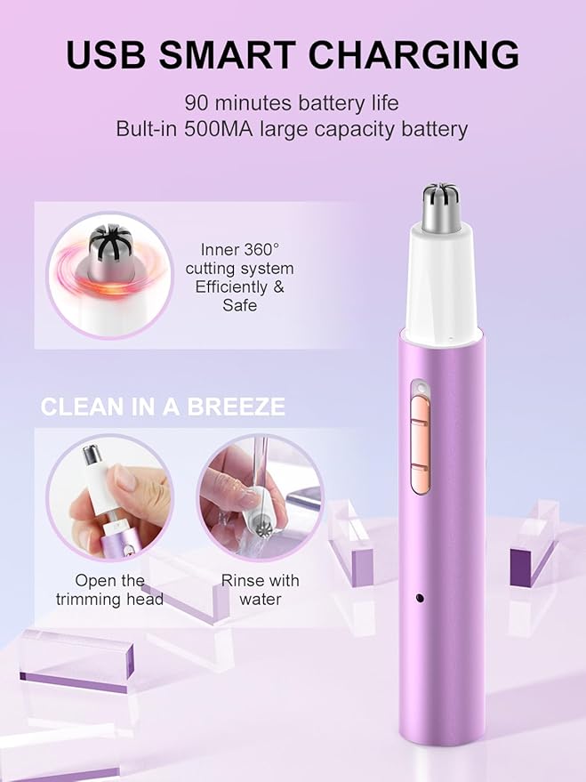 Nose Hair Trimmer for Women Men,2025 Rechargeable 2 in 1 Eyebrow & Facial Trimmer, Professional Painless Ear Hair Trimmer with Powerful Motor and Dual-Edge Blades Easy Cleansing (Purple)-VivaGrace Women