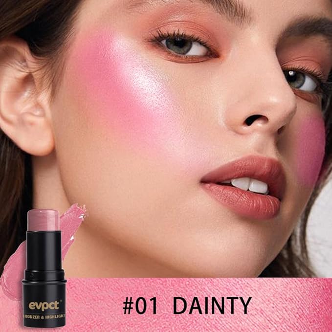 evpct 2Pcs Shimmer Pink Rose Cream Blush Stick for Cheeks Lips Tint Eyes Contour Highlighter Makeup Sticks Lightweight Hydrating formula rubor en crema para los cachetes 01 Dainty & 05 Sweet Heart-VivaGrace Women