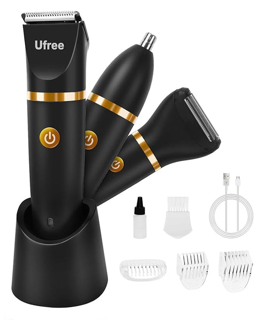 Ufree Body Hair Trimmer for Men, Manscape Ball Pubic Hair Trimmer, 3 in 1 Body Grooming Kit for Groin, Waterproof Body Electric Shaver Razor, Grooming for Face and Body, Gifts for Men, Black