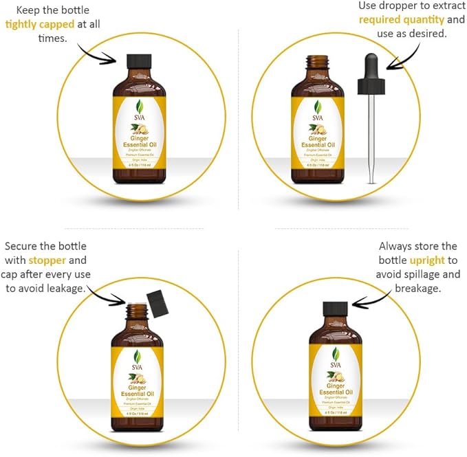 SVA Ginger Essential Oil – 4 Fl Oz – 100% Natural Ginger Oil - for Diffuser, Hair Care, Face, Skin Care, Aromatherapy, Scalp and Body Massage, Soap and Candle Making – with Dropper-VivaGrace Women