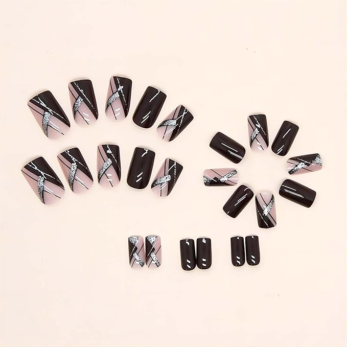 Acrylic Press on Nails Medium Square Fake Nails with Glue Wine Red Fake Nails with Designs Glitter Lines Nail Press ons Glossy Artificial Nails Holiday Nails Stick on Nails for Women 24Pcs