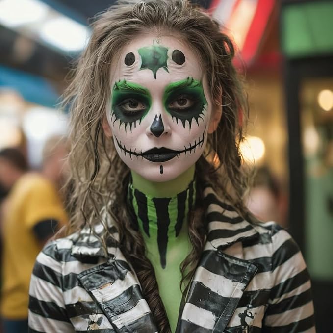 MEICOLY 7Pcs Black White Green Face Body Paint Stick Set with Setting Powder and Sponges,Clown Black White Face Paint,Green Body Paint for Halloween SFX Cosplay Makeup,Waterproof-VivaGrace Women