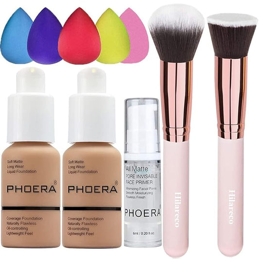 2 Pack PHOERA Foundation Sand 105 and Face Primer, Liquid Full Coverage Foundation Set, Foundation Brush Powder Brush,5 Makeup Sponge, 24HR Matte Oil Control Concealer (2pcs 105 Sand)-VivaGrace Women
