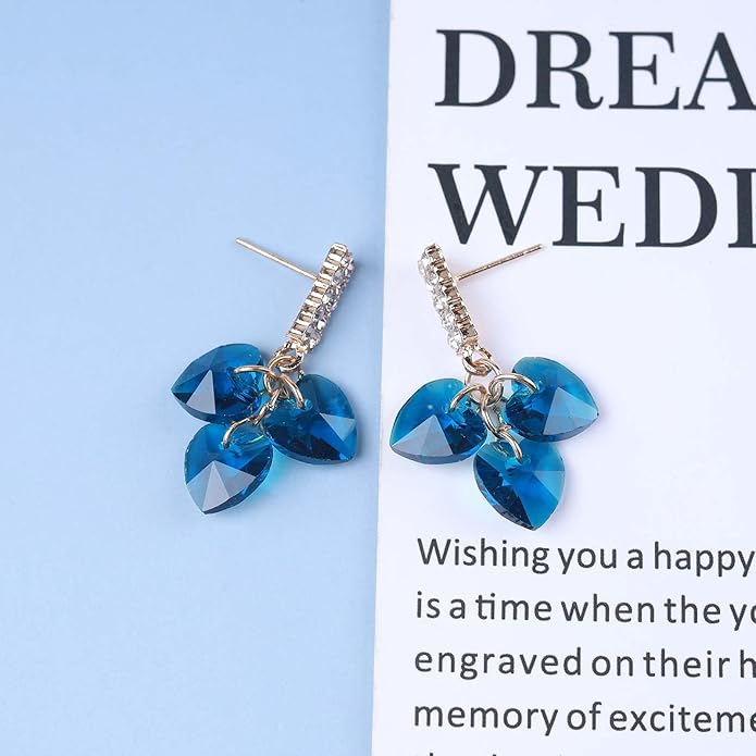 Boho Sapphire Tassel Earrings Blue Crystal Heart Earrings Gold Cz Bar Stud Earrings Blue Cz Heart Drop Earrings Blue Rhinestone Earrings Jewelry for Women-VivaGrace Women